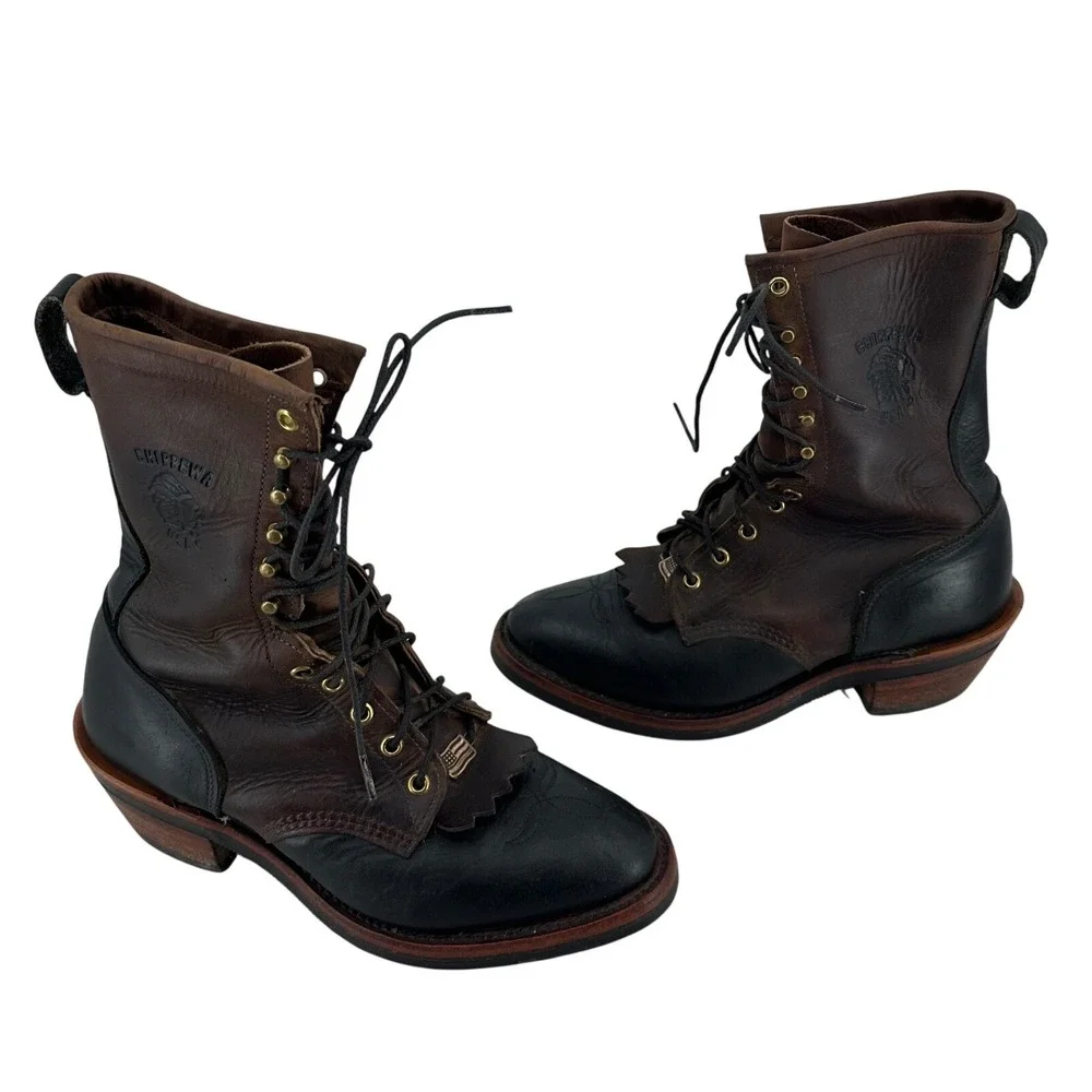Chippewa Mens 10 E Packer Boots Two Tone Leather Lace Up USA Vibram Logger Heel